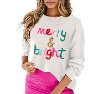 Women's White Merry Bright Round Neck Long Sleeve Casual Christmas Sweater Soli